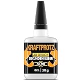 50 g 3D DRUCK Sekundenkleber extra stark - Inkl. Anti-Austrocknung-Spitze - KRAFTPROTZ - Dickflüssiger Superkleber - Wasserfest - PLA-Kleber, ABS-Kleber, PETG-Kleber & TPU-Kleber