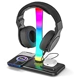 3-in-1 Kopfhörer Halter, RGB Headset Ständer mit Drahtlosem Laden, Kopfhörer Halterung 7 Lichteffekt Modi, Gaming Tisch Zubehör, Kopfhörer Ständer mit 1 USB Anschluss und 2 Type C Anschlüssen