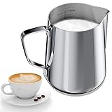 Gvolatee 350ml Milchkännchen zum Milchaufschäumen 304 Edelstahl, Milchkanne mit Messung Mark 12oz für Barista, Milch Pitcher für Cappuccino, Latte Art,Espresso, Perfekt für Kaffeeliebhabe, Silber