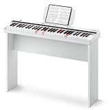 Donner DK-10S Light up Piano Keyboard für Anfänger, tragbares elektrisches Klavier mit 61 Tasten, 5 Stunden Akkulaufzeit, kabellose Verbindung, 500 Töne, Bundle mit Holzständer, POP APP, weiß