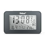 Mebus digitaler Funk-Wecker mit Mondkalender, Beleuchtung, Innenthermometer, 2 Weckzeiten, Schlummer-Funktion/Material: Kunststoff/Farbe: Grau/Modell: 51460