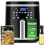 Aigostar Heißluftfritteuse 7L XXL, 1900 W, Friteuse Heissluft Fritteusen Air Fryer mit Digitalem LED-Touchscreen, 7 Programmen, Warmhalten, 20 Rezepte, Ohne Öl, für 6-10 Personen, Schwarz