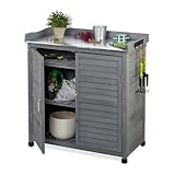 Relaxdays Pflanztisch mit Unterschrank, 3 Haken, Holz, Zinn Arbeitsplatte, HxBxT: 92 x 90 x 45 cm, Gartenschrank, grau