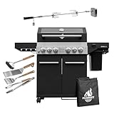 Feuergott Gasgrill Hektor 4B-S inkl. Drehspieß, Abdeckhaube - All Inclusive mit 4 Grill-Utensilien - 4 Brenner, Sear-Brenner, Gusseisenroste, Heckbrenner, Seitenkocher für Garten und Terrasse