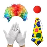 MIVAIUN 4 Stück Clown Kostüm Set Clown Kostüm Accessoire Clown Verkleiden Regenbogen Clown Lockenperücke Clown Nase Handschuhe Bunte Krawatte für Halloween Cosplay Party Karneval Zirkusshow (4 Stück)