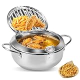 Frittiertopf Mit Sieb, Kleine Fritteuse Induktion – Japanische Tempura Fritteuse Topf Mit Thermometer, Deckel & Abtropfgestell, Mit Öl (2,2L, Edelstahl) Für Pommes, Garnelen & Frittieröl