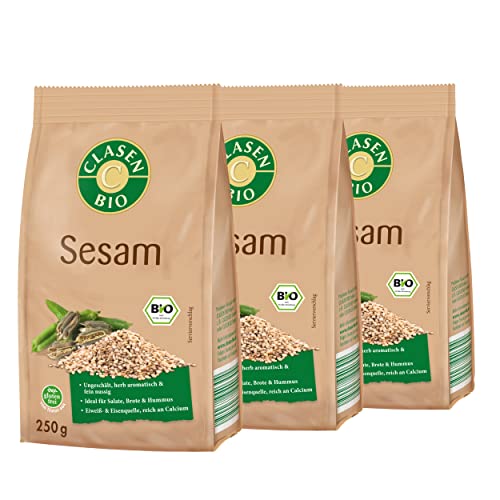 3x CLASEN BIO weißer Sesam ungeschält, biologisch, vegan und glutenfrei - 250 g