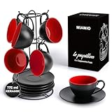 MIAMIO - 6 x 175 ml Tasse Cappuccino Tassen mit Unterteller & Ständer/Cappuccinotassen Set - Le Papillon Kollektion (Rot) Steinzeug