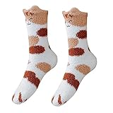 iplusmile Damen Korallenfleece Socken mit Katzenpfoten Flauschig Warm Dicke Kuschelsocken für Kalte Tage Cartoon Stickerei Bequeme Robuste Wintersocken für Frauen