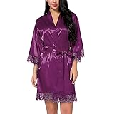 Petalum Bademantel für Damen, Satin, Seide, kurz, sexy, Kimono, Damen, 3/4-Ärmel, Pyjama, Schlafzimmer, Negligee, Spitze, Gürtel, Blumenmuster, Sakura, Yukata, violett, 40
