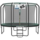 SONGMICS Trampolin 305 cm d, Gartentrampolin für Kinder mit Sicherheitsnetz, 180 cm hohe Stangen, Randabdeckung, Leiter, Stahlrahmen, schwarz-dunkelgrün STR103C01