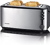 SEVERIN Automatik-Langschlitztoaster, Toaster mit Brötchenaufsatz, hochwertiger Edelstahl Toaster mit großen Röstkammern und 1400 W Leistung, Edelstahl-gebürstet/schwarz, AT 2509