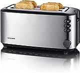 SEVERIN Doppel-Langschlitztoaster mit eingebautem Brötchen-Aufsatz, für 4 Brotscheiben, Brotscheibenzentrierung, Aufwärm- und Defroster-Stufe, Edelstahl gebürstet, schwarz, 1.400 W, AT 2509