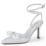 Mofri Damen High Heels Geschlossene Zehen Absätze Verstellbare Strass Knöchelriemen Pumps Perle Schleife Heels Hochzeit High Heels Braut Party Kleid Schuhe Sandalen, Silber glänzend, 37.5 EU