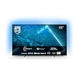 Philips 55OLED707 Fernseher (4K UHD, OLED, HDR10+, 120 Hz, Dolby Vision und Atmos, 3-seitiges Ambilight, Smart TV mit Google Assistant, Works with Alexa, Triple Tuner), Silber, 55 ', 139 cm