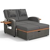 Dolamaní Sonneninsel Outdoor Wetterfest mit Verstellbare Rückenlehne, Doppel Sonnenliege Rattan, Stauraum Fußhocker, Sun Island Lounge mit Kissen für Garten, Pool (Grau H)