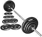 Fitvids Standard Hantelscheiben aus Gusseisen inklusive 1,5 m Standard-Langhantel mit Sternverschlüssen, 43,1 kg Set (38,6 kg Scheiben + 4,5 kg Langhantel), mehrere Pakete, Style #3