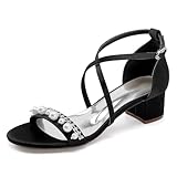 TFDRSEXVD Damen-Sandalen mit runder Zehenpartie und klobigem Absatz und Knöchelriemen, Schnalle, Perlenakzenten, Sommerkleid, Hochzeitsschuhe,Schwarz,40