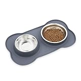 Pecute Futternapf Fressnapf hunde Katzen, Hundenapf Edelstahl Katzenapf mit Rutschfesten Silikon Tablett Matte,Schüssel Lebensmittel Wassernapf Grau M(2*400ml)