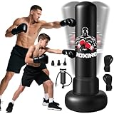 Boxsack Erwachsene, 180 cm Schwerer Boxsack Stehend mit Boxhandschuhen und Luftpumpe, Aufblasbar Boxsack Gefüllt für Kampfsport Standboxsack Geschenk für Taekwondo, Black Boxing Bag Kinder