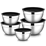 HaWare Rührschüssel 5er Set, Edelstahl Salatschüssel, Schüssel mit Luftdichtem Deckel - 4.5L/ 2.7L/ 1.5L/ 1.2L/ 0.7L, Ideal zum Kochen/Backen/Aufbewahrung, Stapelbar & Spülmaschinenfest - Schwarz