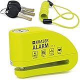 KRASER KR6Y Bremsscheibenschloss mit Alarm 110 dB, Verstärkt, 3 Schlüssel (2 Ersatz) Hochsicherheits Motorradschloss, Wasserdicht,1.5m Rückrufkabel, Tasche, Universal Motorrad Schloss, Fahrradschloss