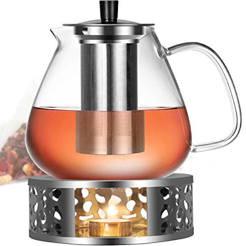 Teekanne Glas - 1500ML Teekanne mit Siebeinsatz, Kerzenwärmer, Spülmaschinenfest, Glasteekanne für Kalte und Heiße Getränke, Teebereiter 18/8 Edelstahl Stövchen