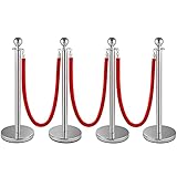 HaTur 4 PCS Edelstahl Absperrständer Personenleitsystem Kordelständer Abgrenzungsständer Absperrpfosten mit 3 roten Samtseile, Sand Injektion Hohle Basis (Silber)