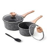Kordisen Kasserollen Set mit Deckel, 16cm+20cm Antihaftbeschichtete Kochtöpfe mit Granit-Beschichtung, Stielkasserolle mit Ausgießer, handlicher Mehrzweck-Induktionstopf, PFOA/PFOS-frei