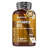 Vitamin B12 Tabletten - 365 vegane Tabletten - Für Nervenfunktion, Energiestoffwechsel, Immunsystem (EFSA) - 500mcg reines Methylcobalamin - 1 Jahr Vorrat - Vegan & Vegetarisch - WeightWorld