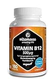 Vitamin B12 hochdosiert und vegan, Methylcobalamin, 500 mcg 180 Tabletten für 6 Monate, Natürliche Nahrungsergänzung ohne Zusatzstoffe