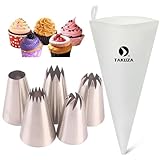 TAKUZA Spritzbeutel Mit Tüllen Profi 6 Stück, Wiederverwendbar, Spritztüllen Set Groß, 5 Edelstahl Tüllen für Kuchen, Torten, Keksen-Dekoration