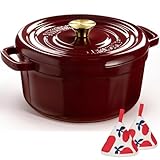 Overmont Bräter Emailliert Gusseisen Topf - Dutch Oven 26cm backofengeeignet mit Deckel und Kochbuch - für Braten Küche Backen Schmoren Dunkelrot