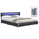 Juskys Polsterbett Sevilla 180x200 cm mit LED Beleuchtung, Lattenrost & Kopfteil - Holz & Kunstleder - 16 Farbeinstellungen & Fernbedienung - Bett Bettgestell Doppelbett - Grau
