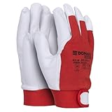 DONAU SAFETY Leder Arbeitshandschuhe mit Klettverschluss/Größe 8/M / 1 Paar/Weiß Rot/MontageHandschuhe/Weich und Bequem Schutzhandschune aus Ziegenleder und Polyesterstoff