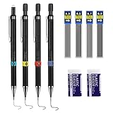 4 Stück Druckbleistift Set 0,3/0,5/0,7/0,9 mm Minenbleistift, 4 Tuben (48 Stück) HB Bleistift Minen Austauschbare Nachfüllungen und 2 Stücke Radiergummis, für Studenten, Schreiben, Zeichnen