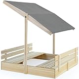 Spielwerk® Sandkasten Toni Sonnendach Sitzbank 120x120x120cm Naturholz Fichtenholz UV-Schutz Sandbox UV50+ Kantenschutz Bodenvlies Outdoor Kinder