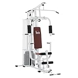 HOMCOM Gym Kraftstation mit Stahlnetz Fitnessstation Multigym Fitnesscenter Fitnessgerät inkl. 45 kg Gewichten Latzug Beincurl Metall Kunstleder Weiß 150 x 110 x 210 cm