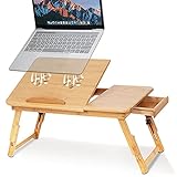 Bambus Laptoptisch für Couch Bett Tabletttisch Notebooktisch klappbarer, Höhenverstellbarer Laptoptisch mit Schublade und Lüftungslöchern, Schoßschreibtisch (A)