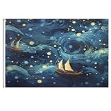 3D-Flagge mit Segelboot, Sternenhimmel, für draußen, 90 x 150 cm, Polyester, mit Messingösen, helle Farben, Banner für Sommer, Außen, Innendekoration