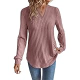 Damen-Top, lässig, locker, V-Ausschnitt, lange Ärmel, einfarbig, Tunika, modische Herbstkleidung, rose, S