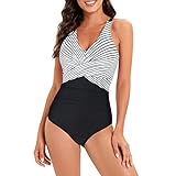 Century Star Badeanzug Damen Bauchweg Badeanzug Damen Große Größe Badeanzug mit Bügel Badeanzüge für Damen Bauchweg Badeanzug Damen Sport Schwarz weiß gestreift 44-46(Tag Size 3XL)