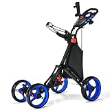 DORTALA Golf-Push-Pullwagen, leicht, zusammenklappbar, 4 Räder, Golfwagen mit wasserdichter Tasche & Fußbremse, Gratisbecher & verstellbarer Schirmhalter, höhenverstellbarer Griff, Blau