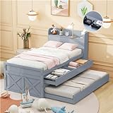hrijusdif Bett aus massivem Kiefernholz 90x190 cm mit Schubladen und Nachttischen - Jugendbett mit USB-Anschluss, Gästebett, Holzlattenrost (Gray)