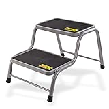 DeTec Doppeltritt Trittstufe aus Stahl Silber/schwarz Rutschfester Auftritt Gummiprofil für Küche, Haus, Wohnwagen, Camping, Boot, Caravan Klappstufe Leiter Wohnwagentrittstufe, Stabil und Standfest