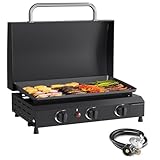 SKOK Gas-Grillplatte mit 3 Brennern, 59,9 cm, Outdoor-Propangas-Grillplatte, 30000 BTU Propan befeuert, tragbarer Gasgrill mit flacher Oberseite, Campinggrill mit Deckel für Küche, Outdoor-Grill,
