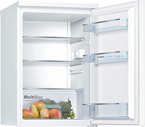 Bosch Hausgeräte KTR15NWEA Serie 2 Mini-Kühlschrank, 85 x 56 cm, 134L, LED-Beleuchtung gleichmäßige Ausleuchtung, MultiBox Lagerung von Obst und Gemüse, Weiß (EEK E)