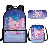 UOIMAG Kinder-Schulranzen, 3-teilig, Rucksack, Lunchbox-Set mit Federmäppchen, leichter Rucksack, Axolotl Playing, Einheitsgröße, Schulranzen-Set