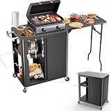 GFTIME Grillwagen143×37×89cm, Ständer für Pizzafen, beweglicher Grilltisch für Außen-BBQ, Arbeitswagen mit klappbarer Beistelltisch, Haken, Aufbewahrungsregal und Schrank, Servierwagen, Außenküchen