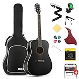 Donner Guitar Acoustic Beginners Full Size Acoustic Guitar Adult Set 4/4 Dreadnought 41 Inch with Gig Bag Capo Plectrums Strap Strings (Black)